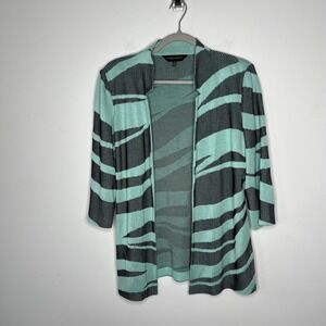 Ming Wang Sweater Womens Small Mint Green Black Open Front Cardigan Knit Striped